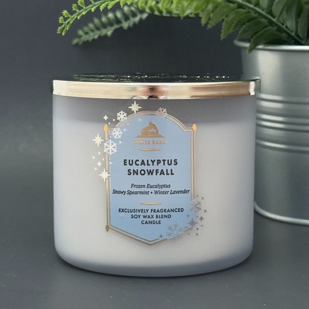 BBW Eucalyptus Snowfall White Barn Bath & Body Works 3 Wick Candle